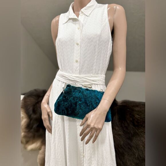 Peacock Blue Handmade Real Shearling Push Lock Clutch/Shoulder Bag/Crossbody - Picture 8 of 16